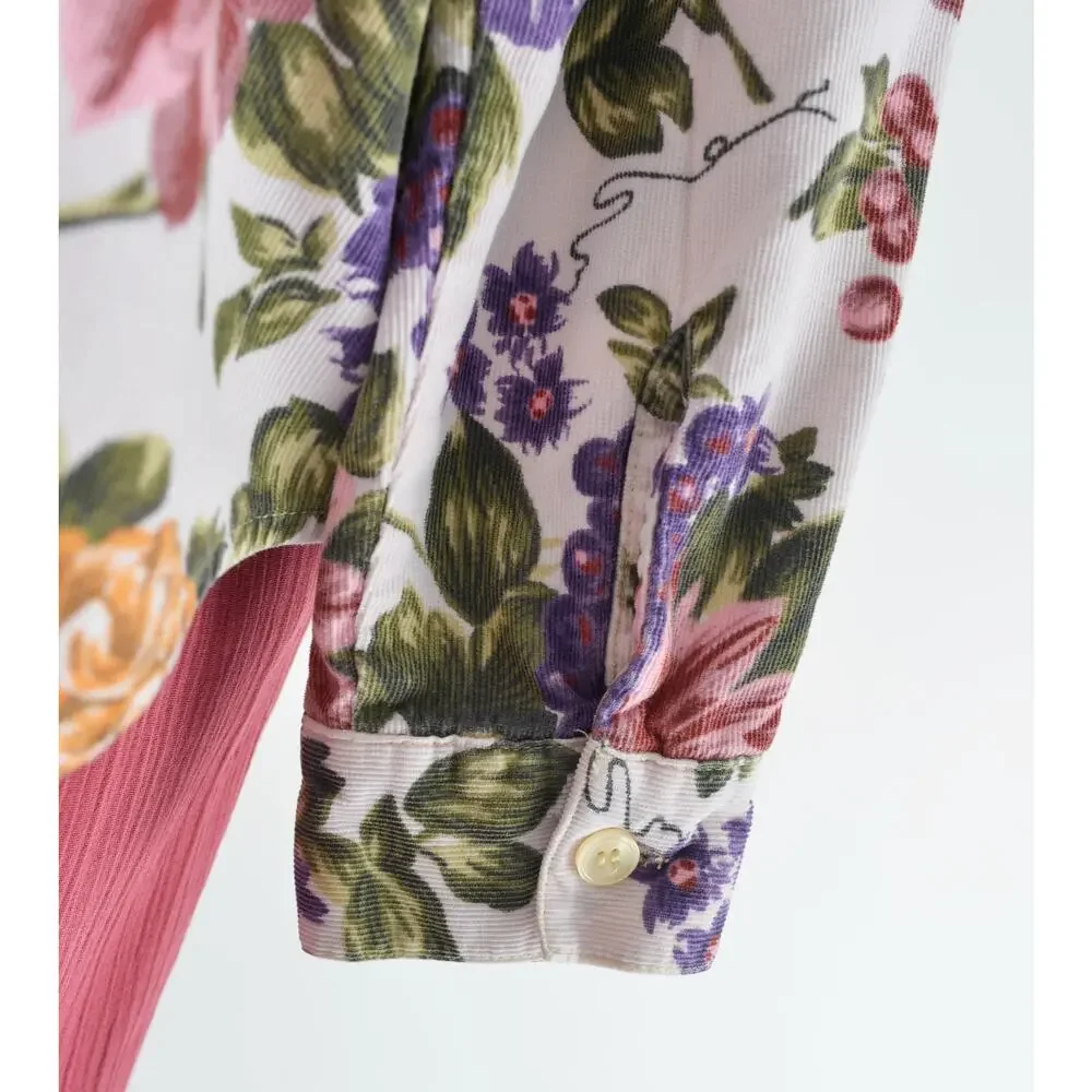 Vintage 90s Floral Grape Vine Print Shirt Cotton Corduroy Collared Blouse M - Picture 7 of 8